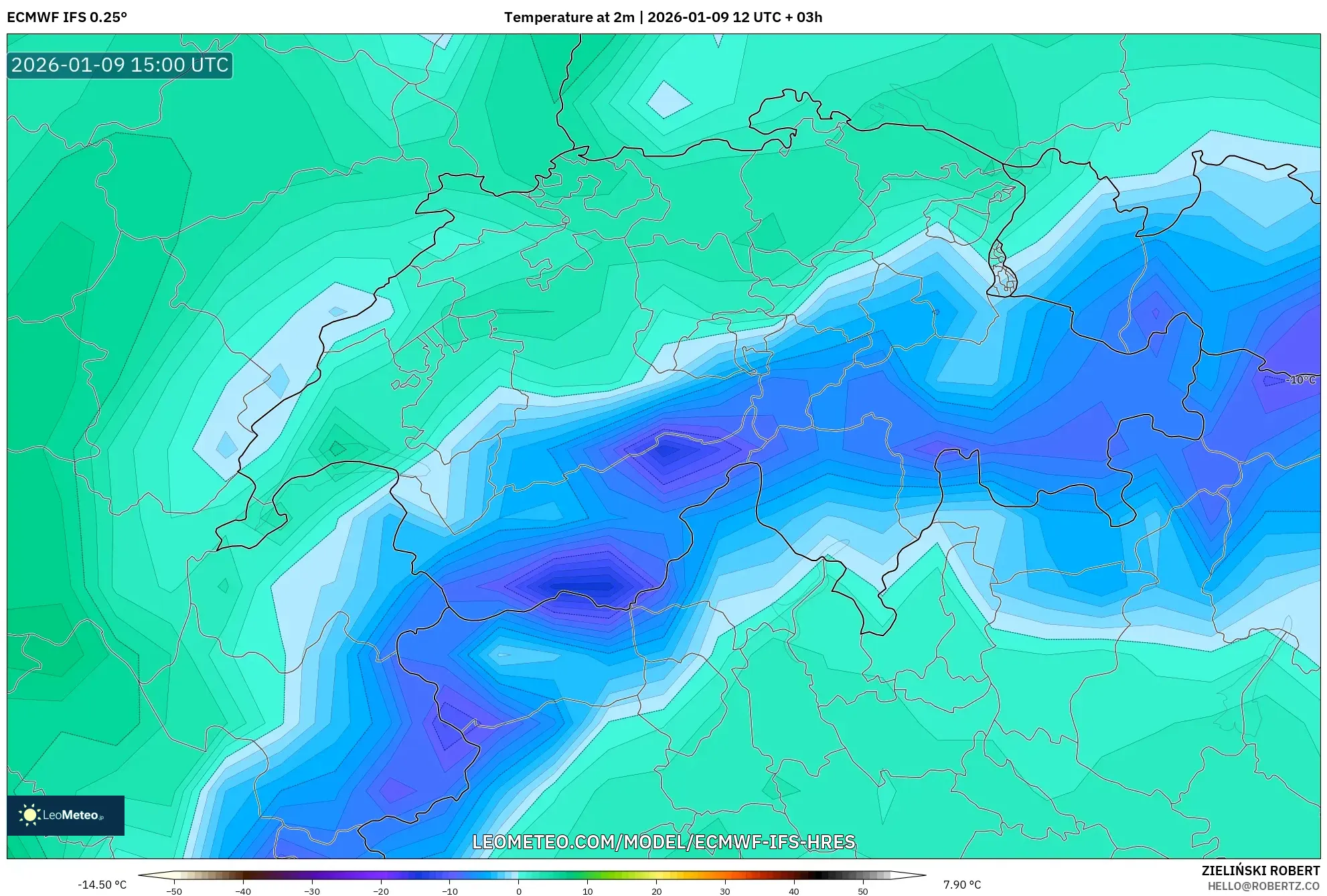 ECMWF IFS 0.25° model - Switzerland, Temperature at 2m