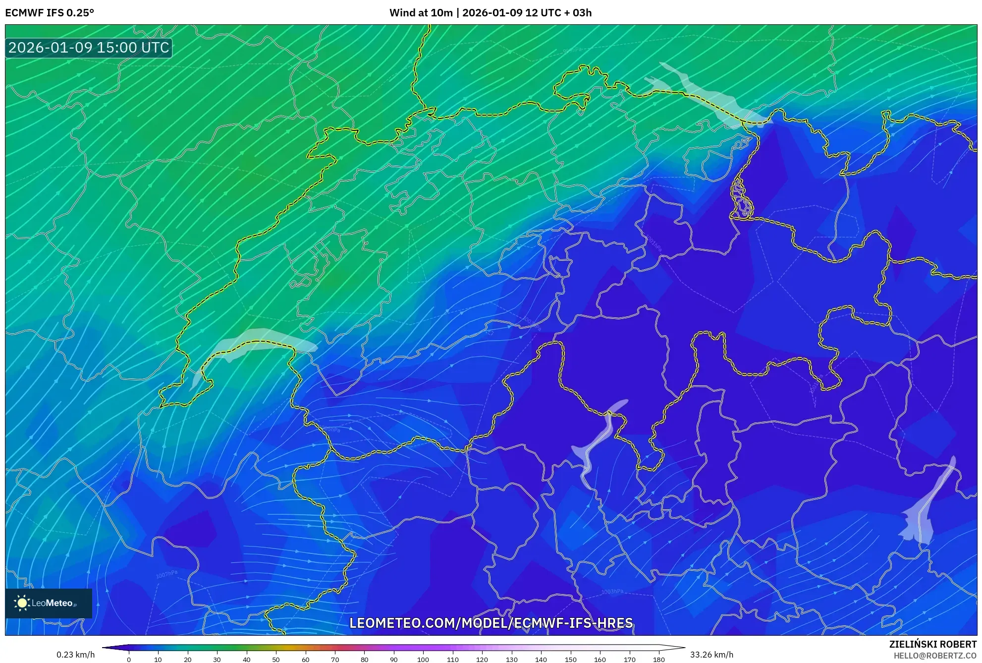 ECMWF IFS 0.25° model - Switzerland, Wind at 10m