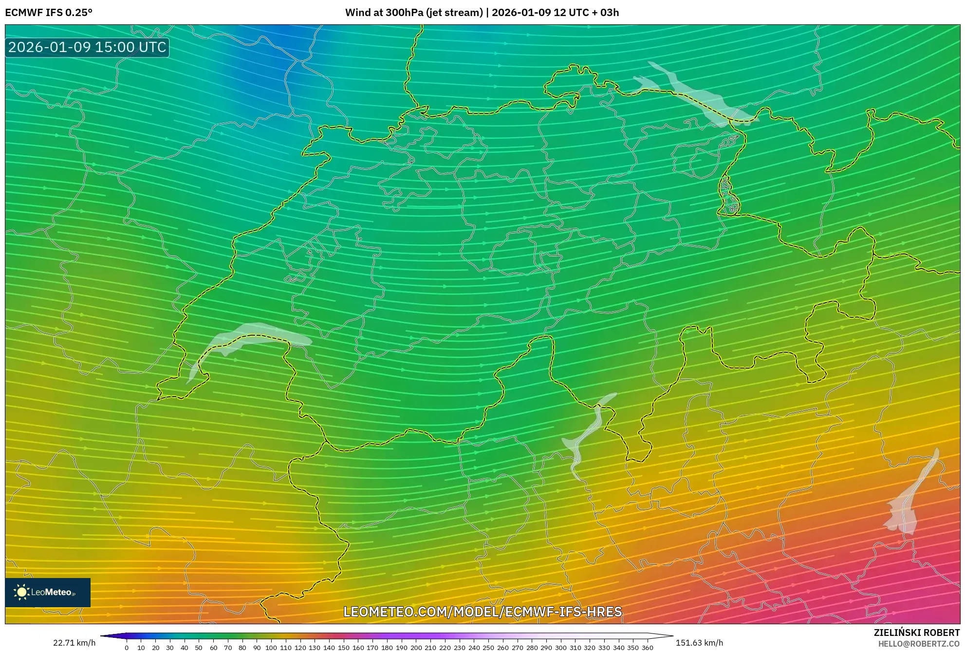 ECMWF IFS 0.25° model - Switzerland, Wind at 300hPa (jet stream)