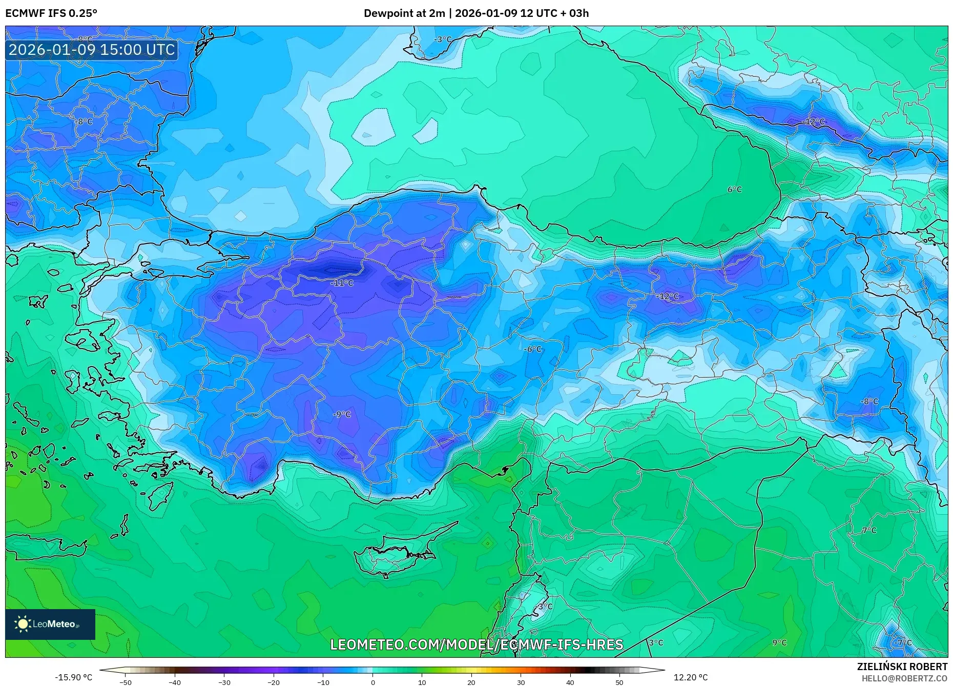 ECMWF IFS 0.25° model - Turkey, Dewpoint at 2m