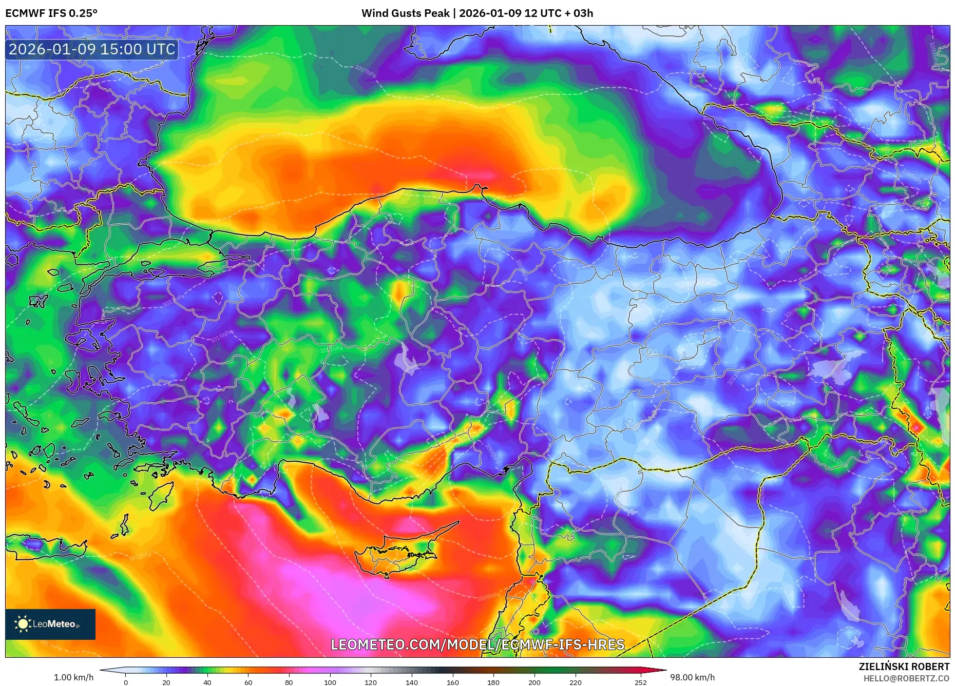 ECMWF IFS 0.25° model - Turkey, Wind Gusts Peak