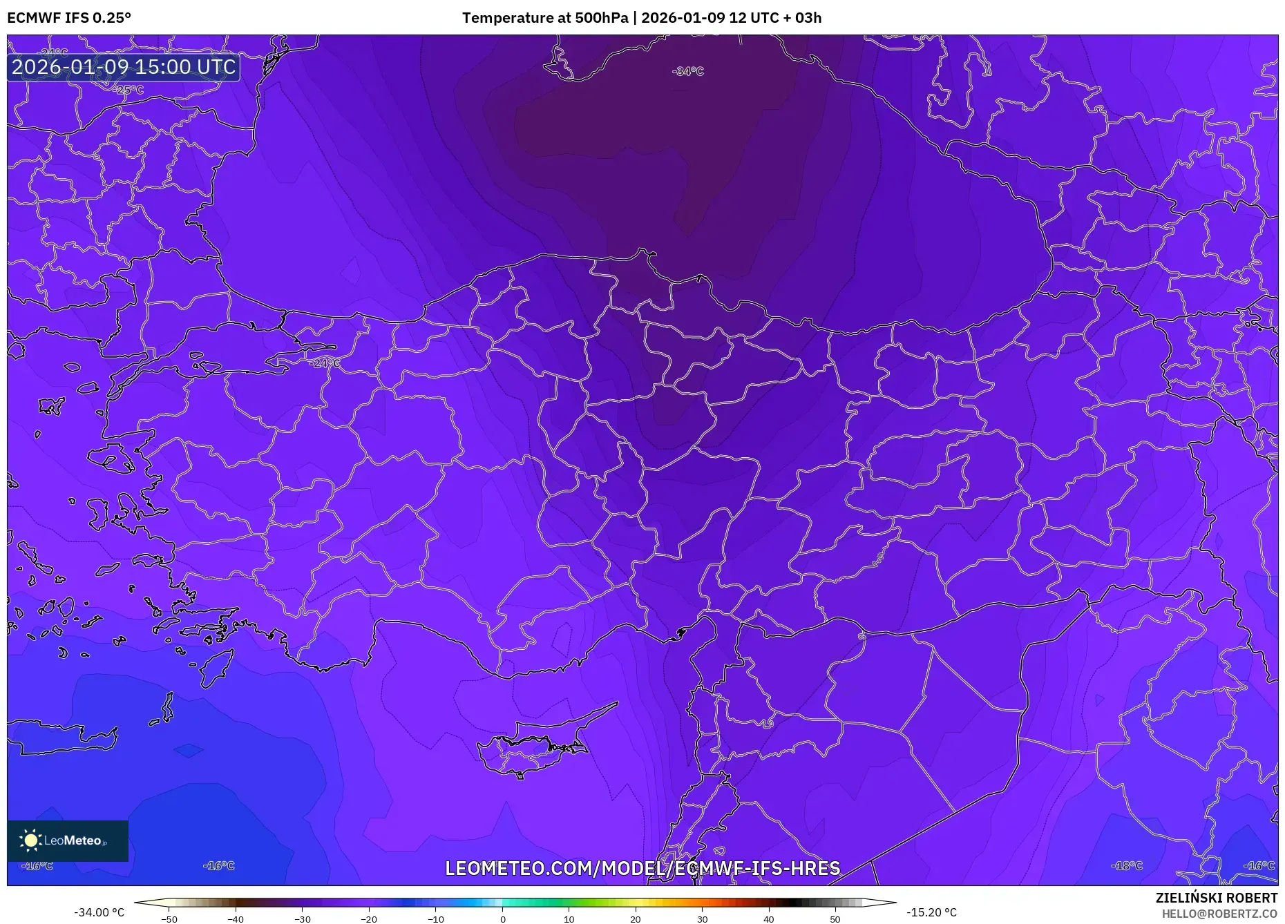 ECMWF IFS 0.25° model - Turkey, Temperature at 500hPa