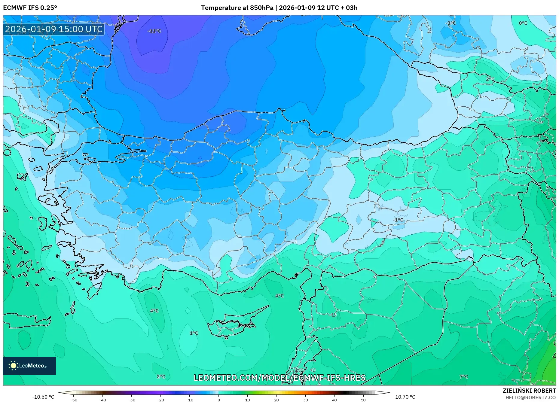 ECMWF IFS 0.25° model - Turkey, Temperature at 850hPa