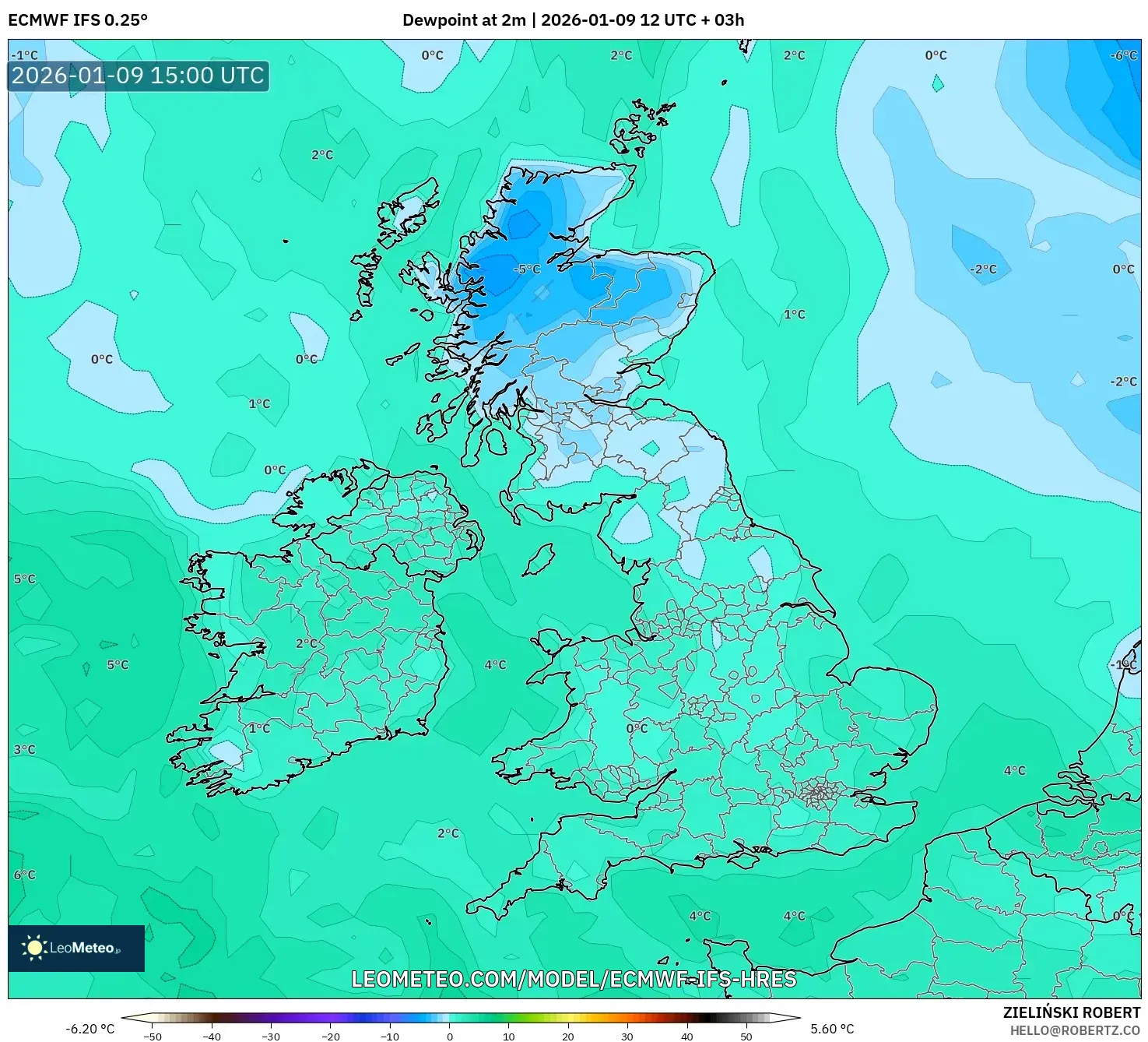 ECMWF IFS 0.25° model - United Kingdom, Dewpoint at 2m