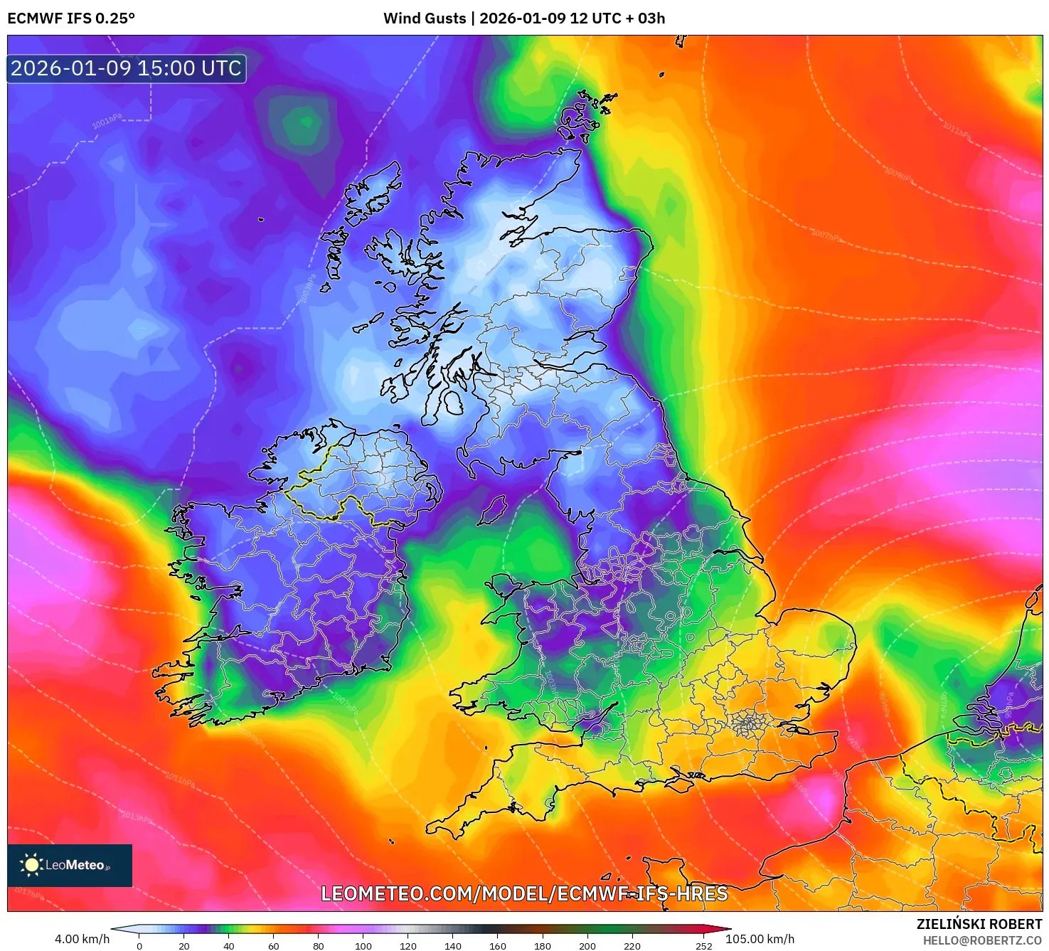 ECMWF IFS 0.25° model - United Kingdom, Wind Gusts