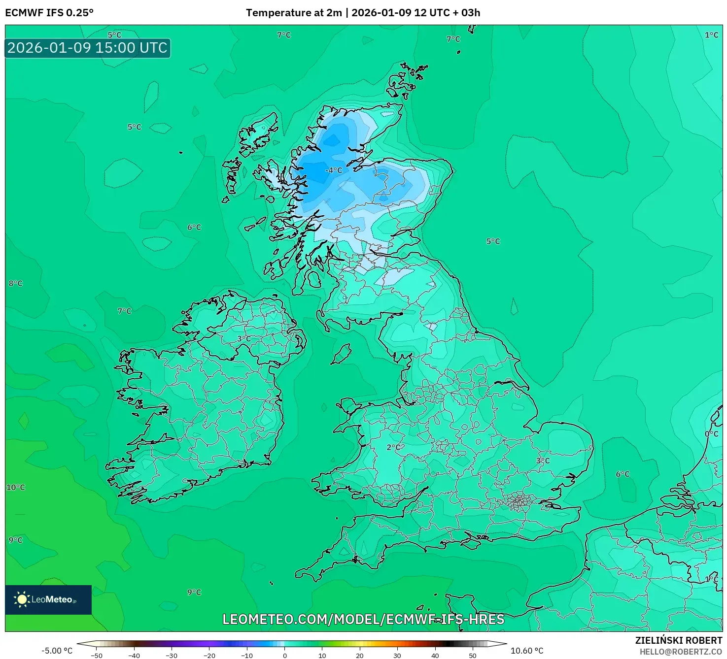 ECMWF IFS 0.25° model - United Kingdom, Temperature at 2m