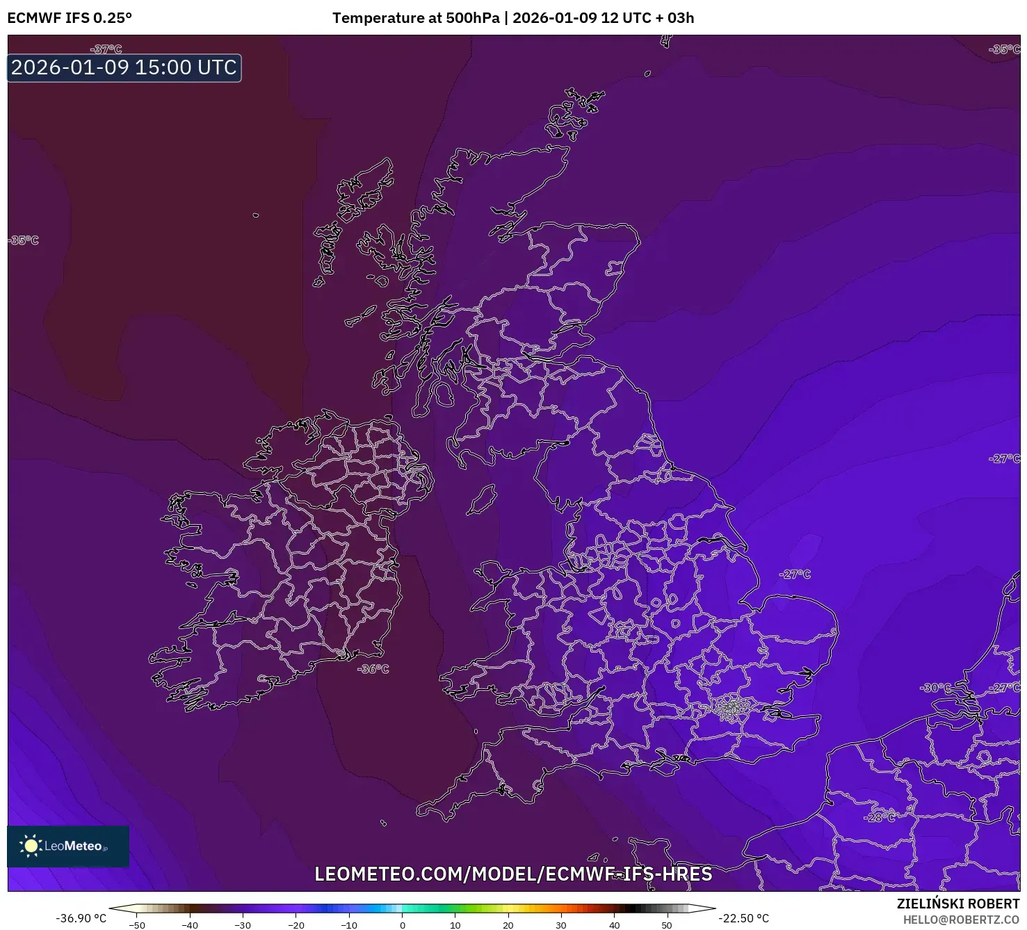 ECMWF IFS 0.25° model - United Kingdom, Temperature at 500hPa