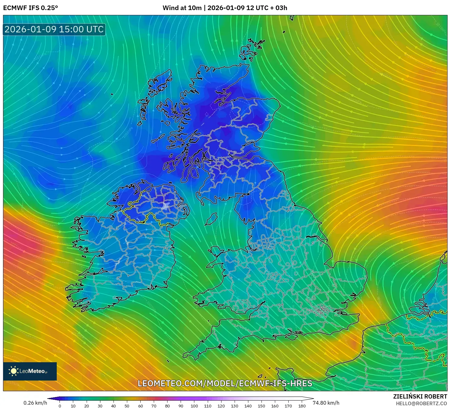 ECMWF IFS 0.25° model - United Kingdom, Wind at 10m