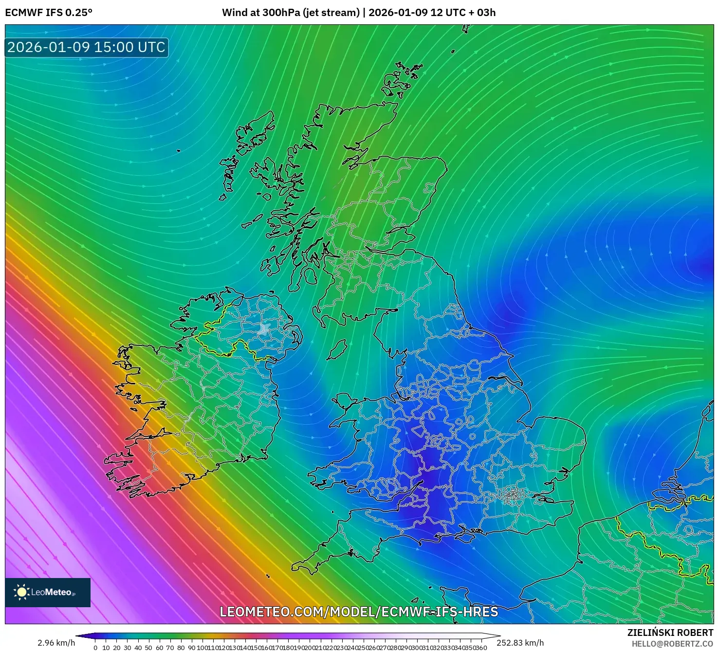 ECMWF IFS 0.25° model - United Kingdom, Wind at 300hPa (jet stream)