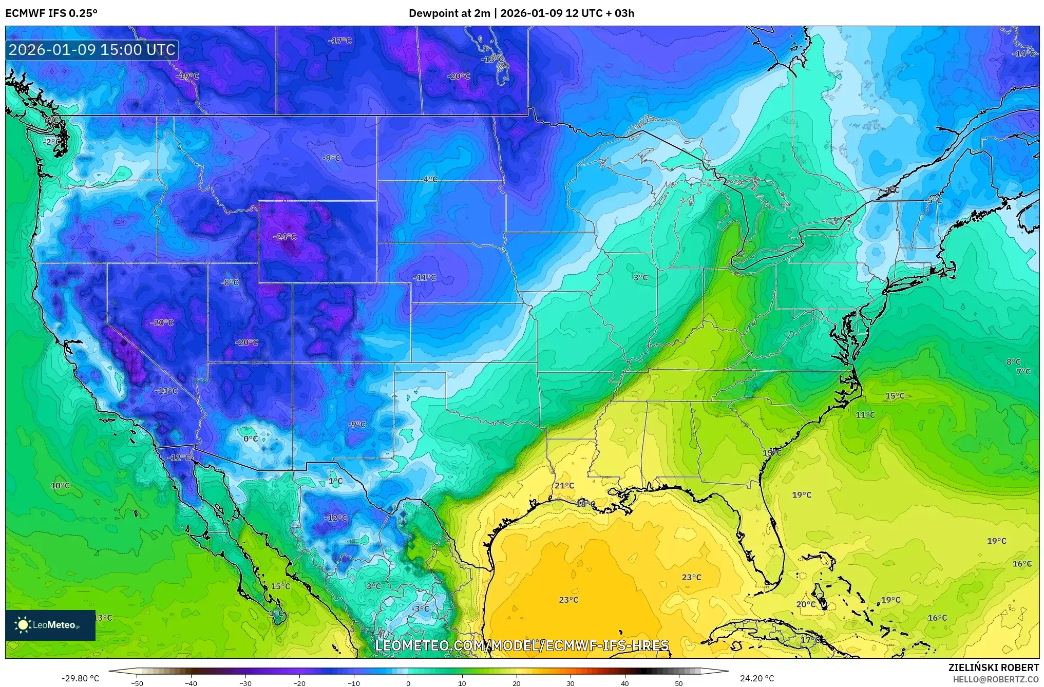 ECMWF IFS 0.25° model - United States, Dewpoint at 2m