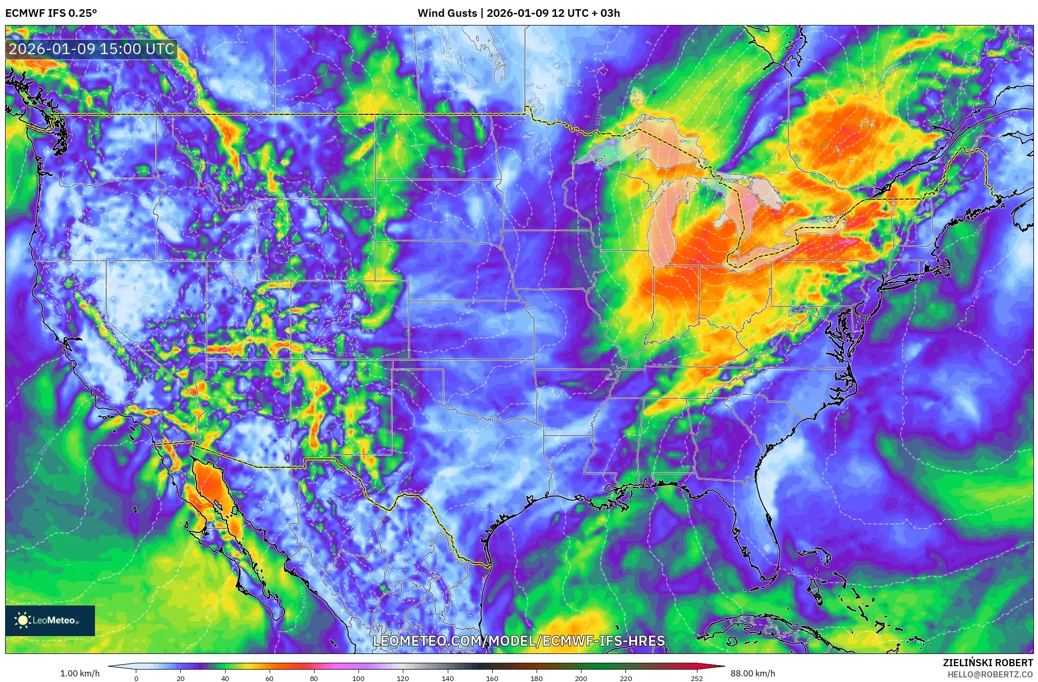 ECMWF IFS 0.25° model - United States, Wind Gusts