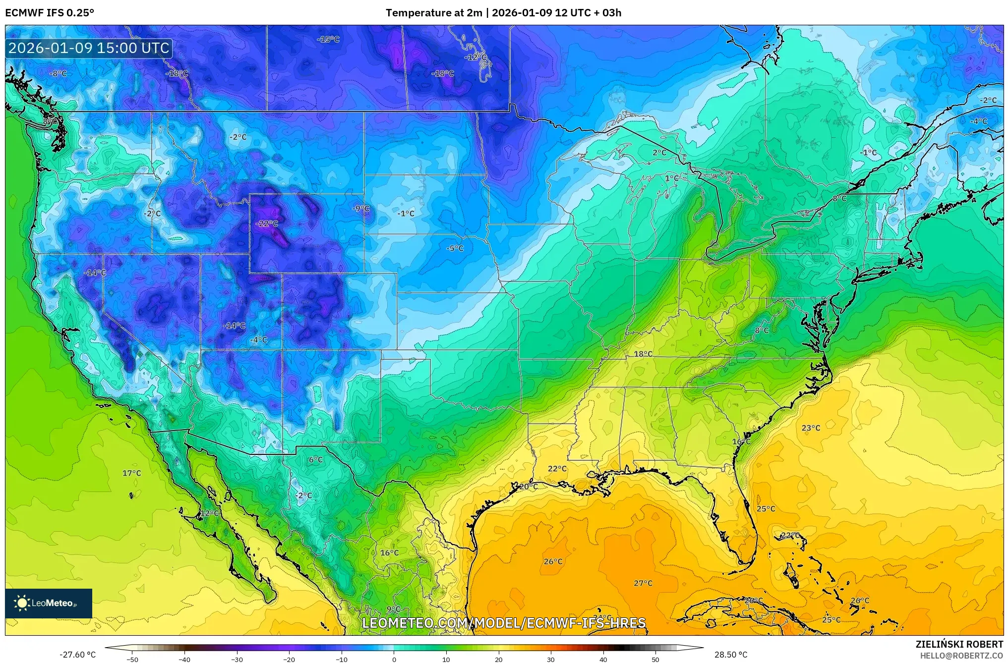 ECMWF IFS 0.25° model - United States, Temperature at 2m