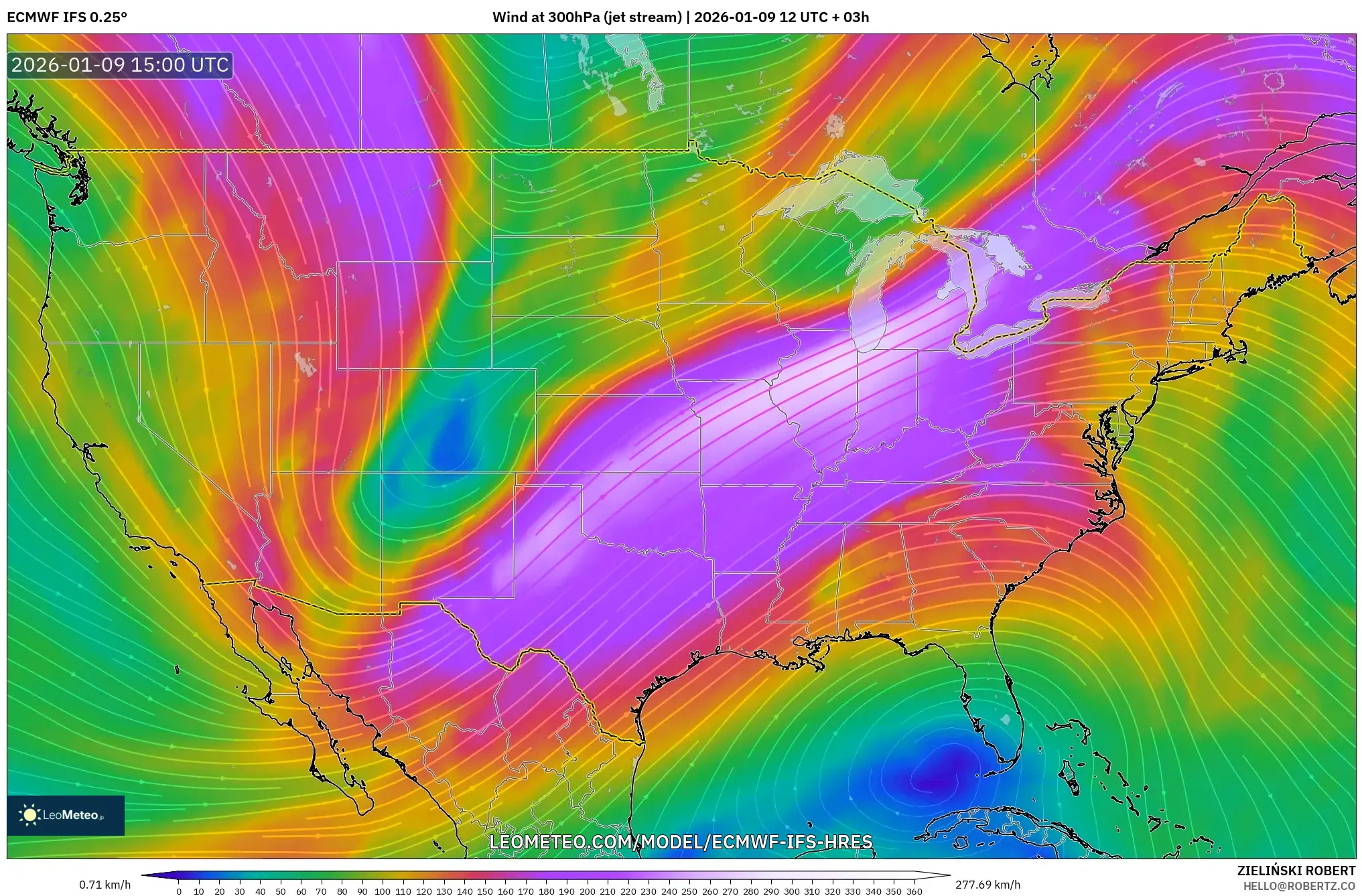 ECMWF IFS 0.25° model - United States, Wind at 300hPa (jet stream)