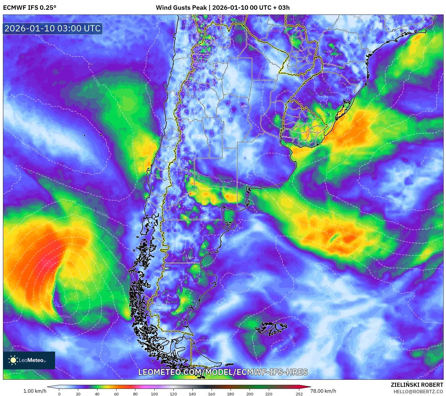 ECMWF IFS 0.25° model - Argentina, Wind Gusts Peak
