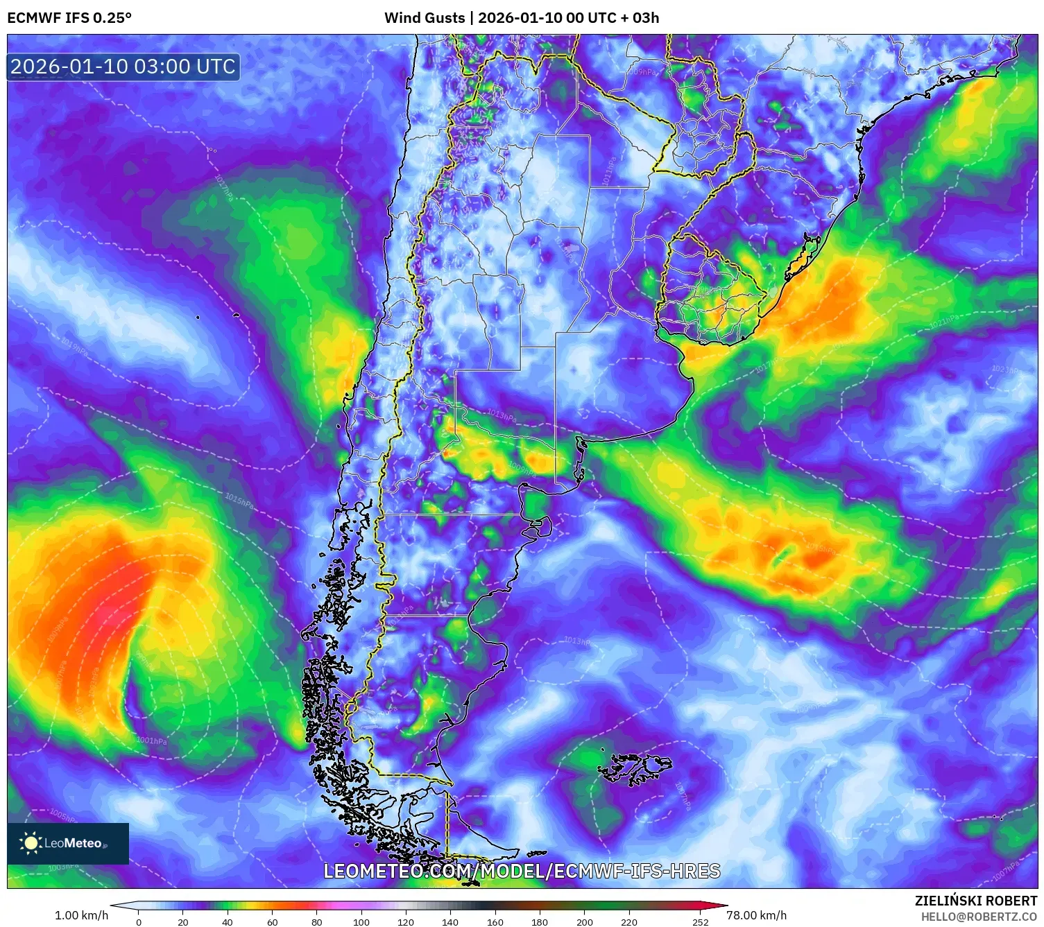 ECMWF IFS 0.25° model - Argentina, Wind Gusts