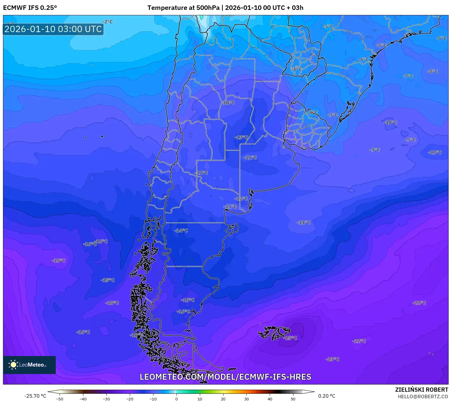 ECMWF IFS 0.25° model - Argentina, Temperature at 500hPa