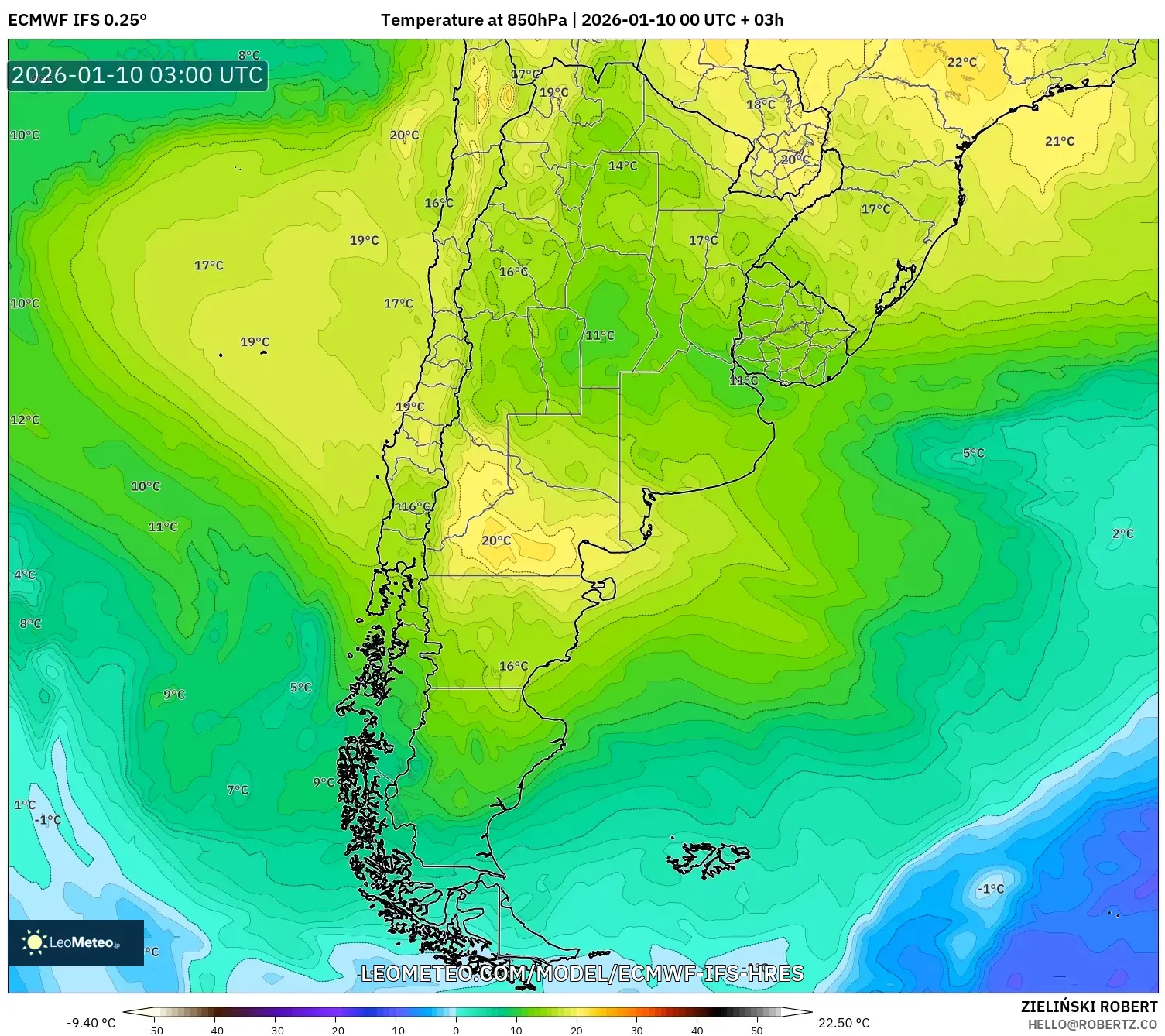 ECMWF IFS 0.25° model - Argentina, Temperature at 850hPa