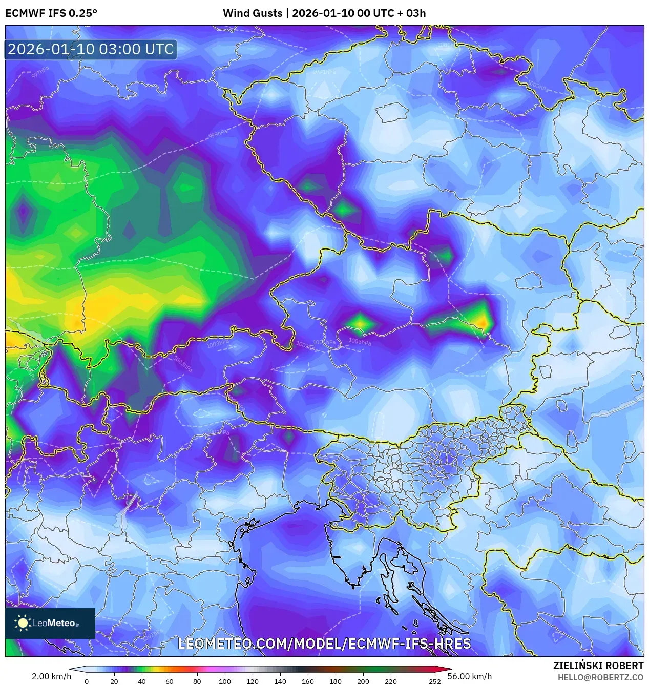 ECMWF IFS 0.25° model - Austria, Wind Gusts