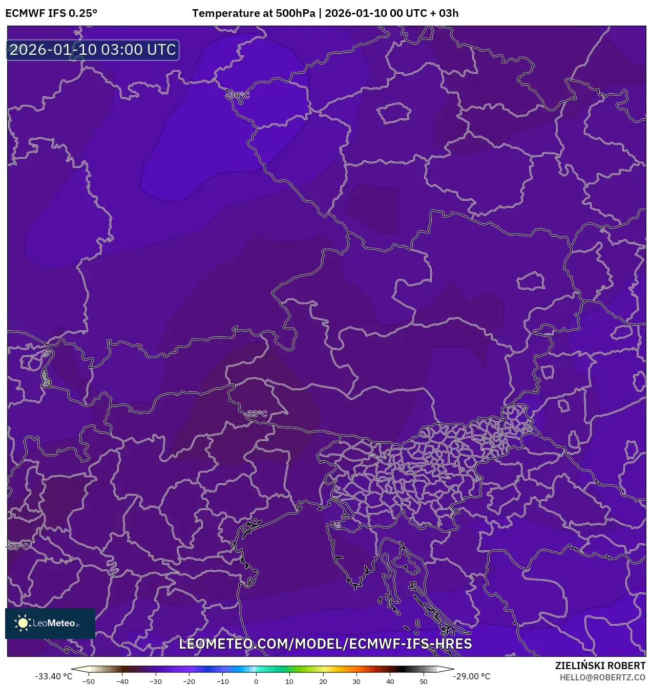ECMWF IFS 0.25° model - Austria, Temperature at 500hPa