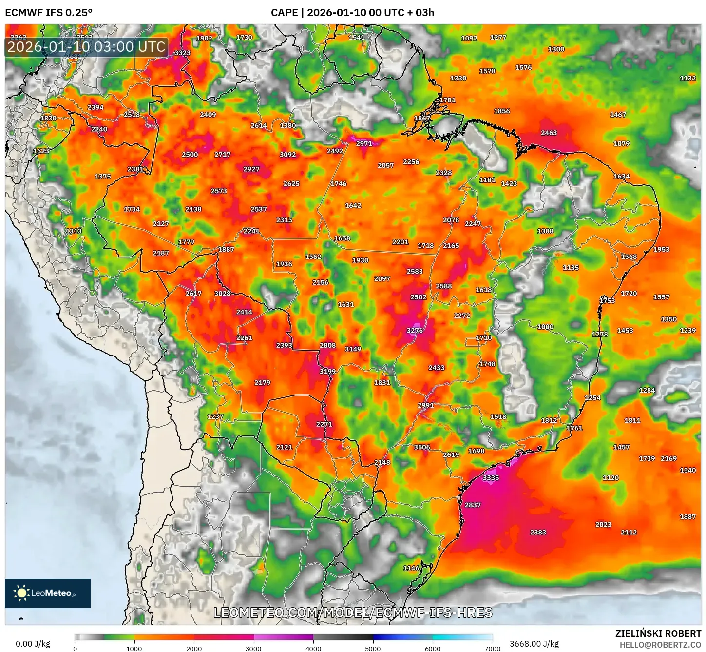 ECMWF IFS 0.25° model - Brazil, CAPE