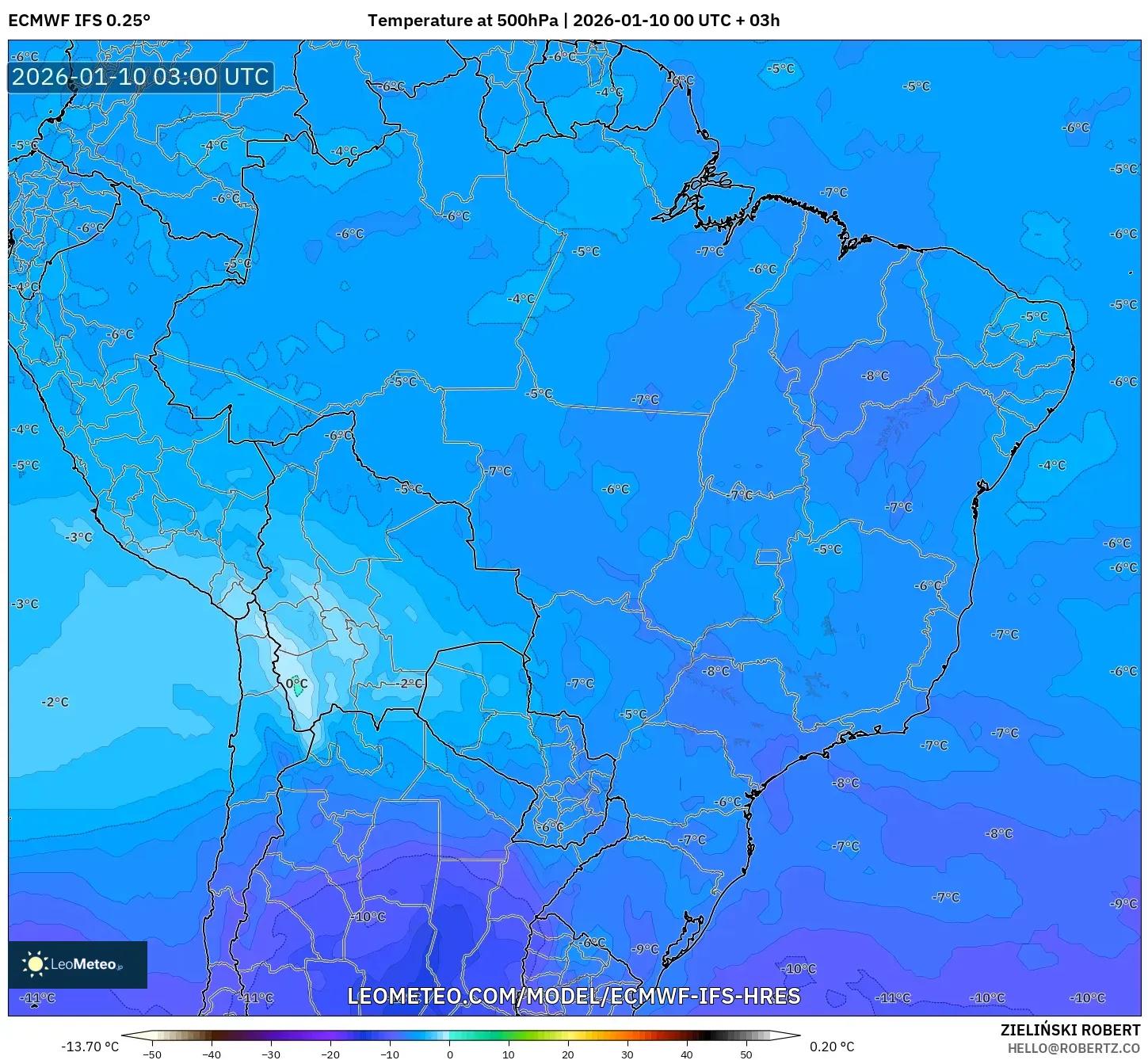 ECMWF IFS 0.25° model - Brazil, Temperature at 500hPa