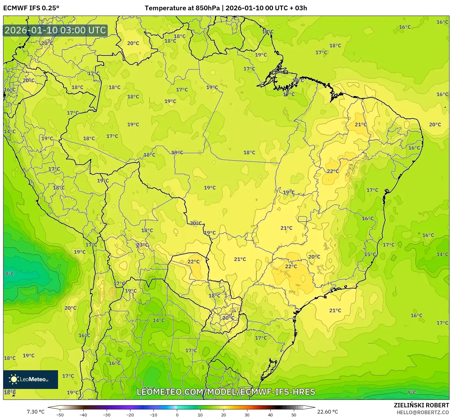 ECMWF IFS 0.25° model - Brazil, Temperature at 850hPa