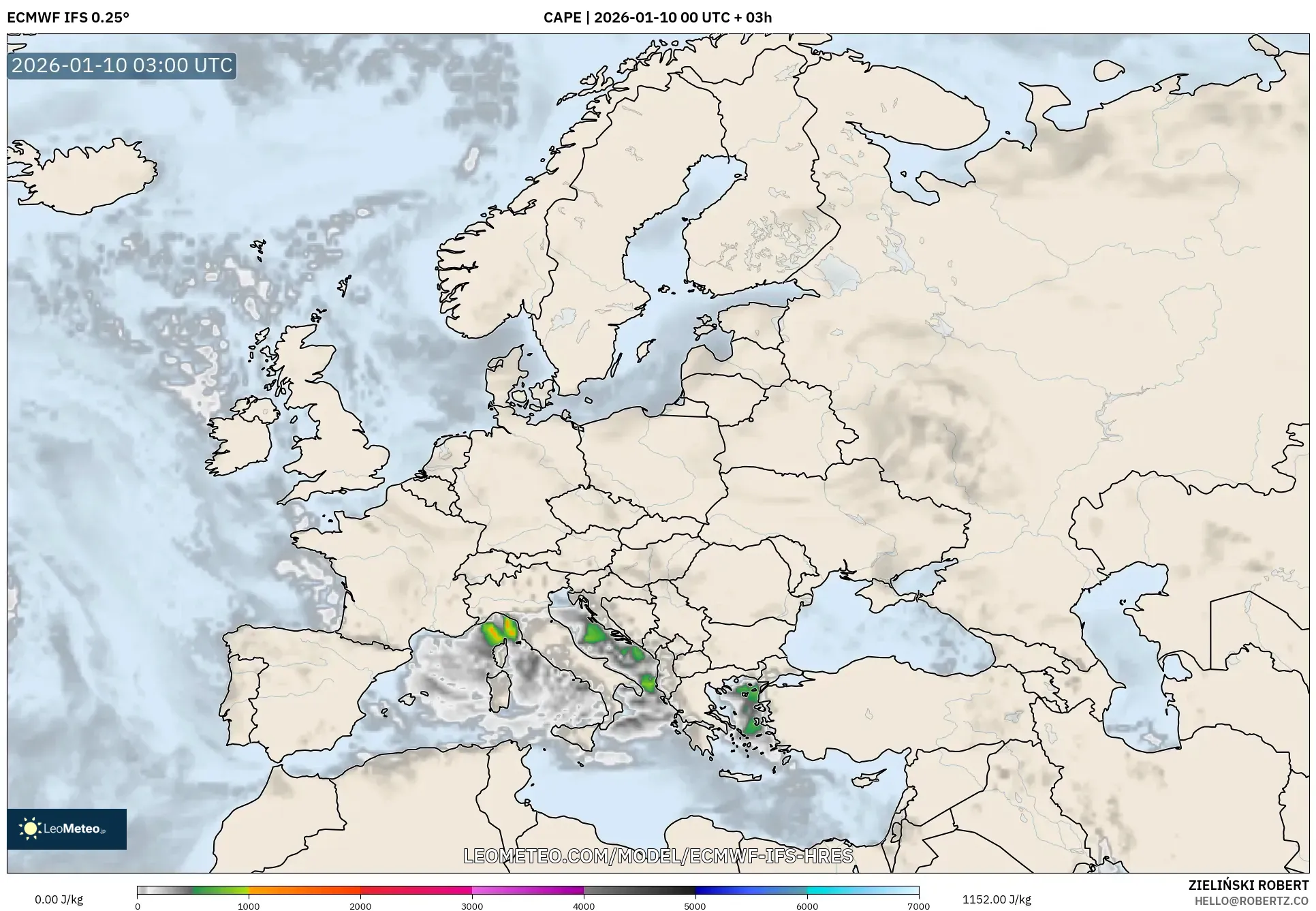 ECMWF IFS 0.25° model - Europe, CAPE