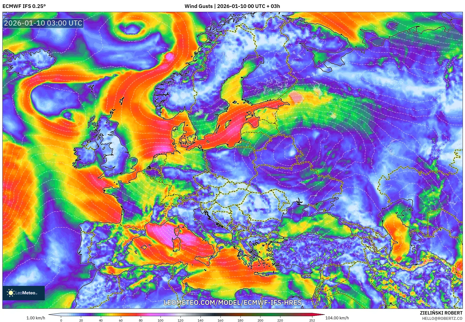 ECMWF IFS 0.25° model - Europe, Wind Gusts