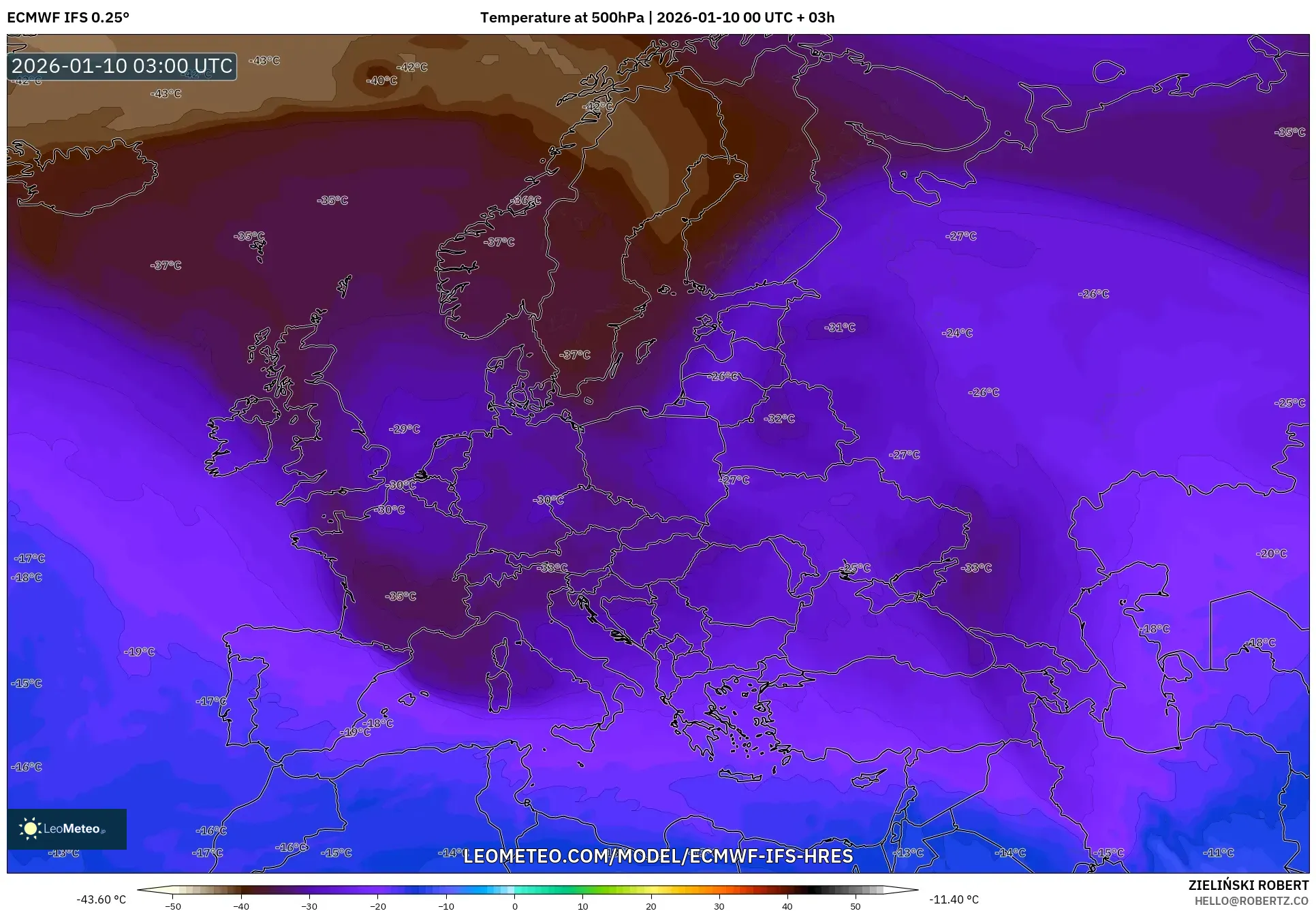 ECMWF IFS 0.25° model - Europe, Temperature at 500hPa