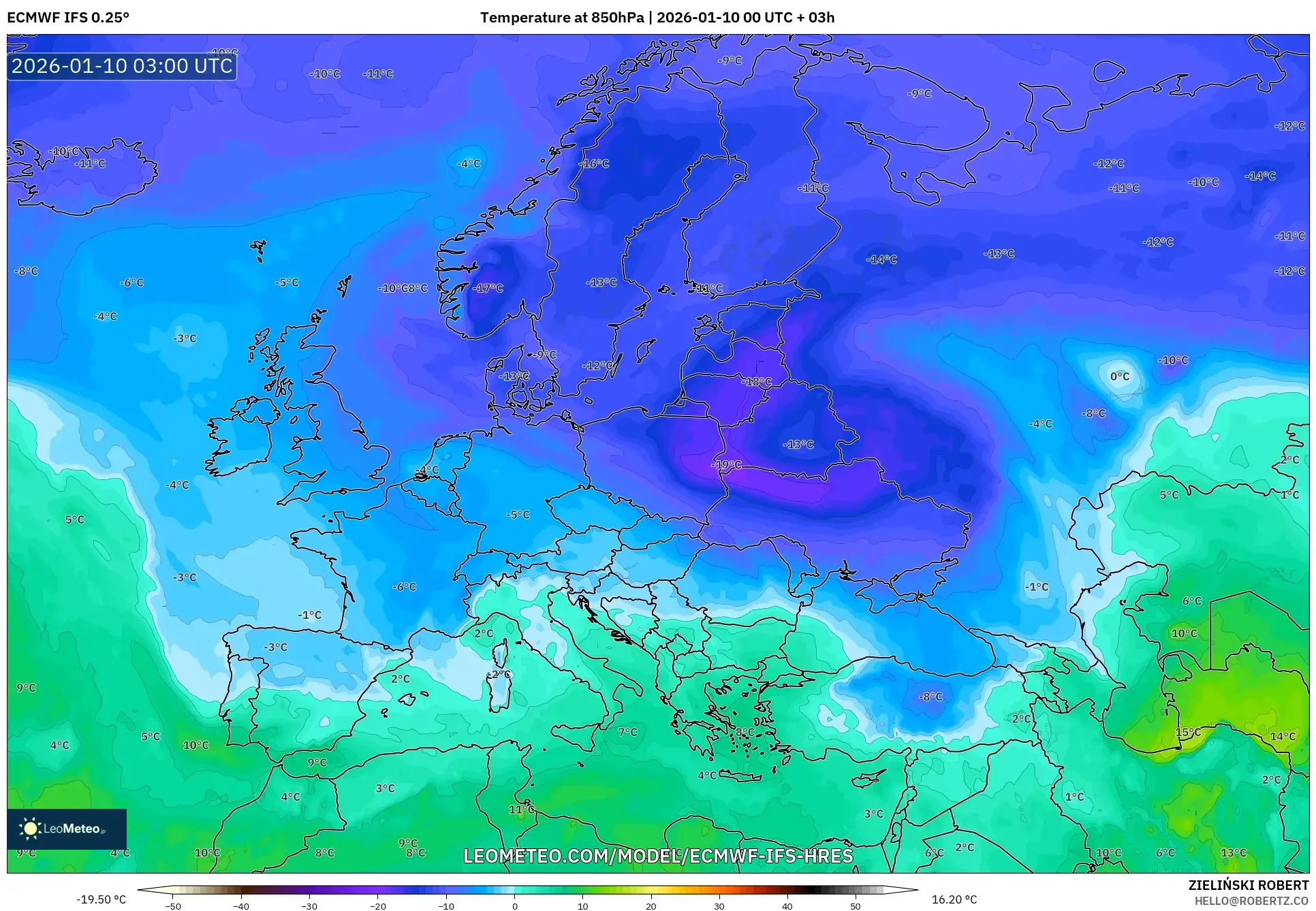 ECMWF IFS 0.25° model - Europe, Temperature at 850hPa