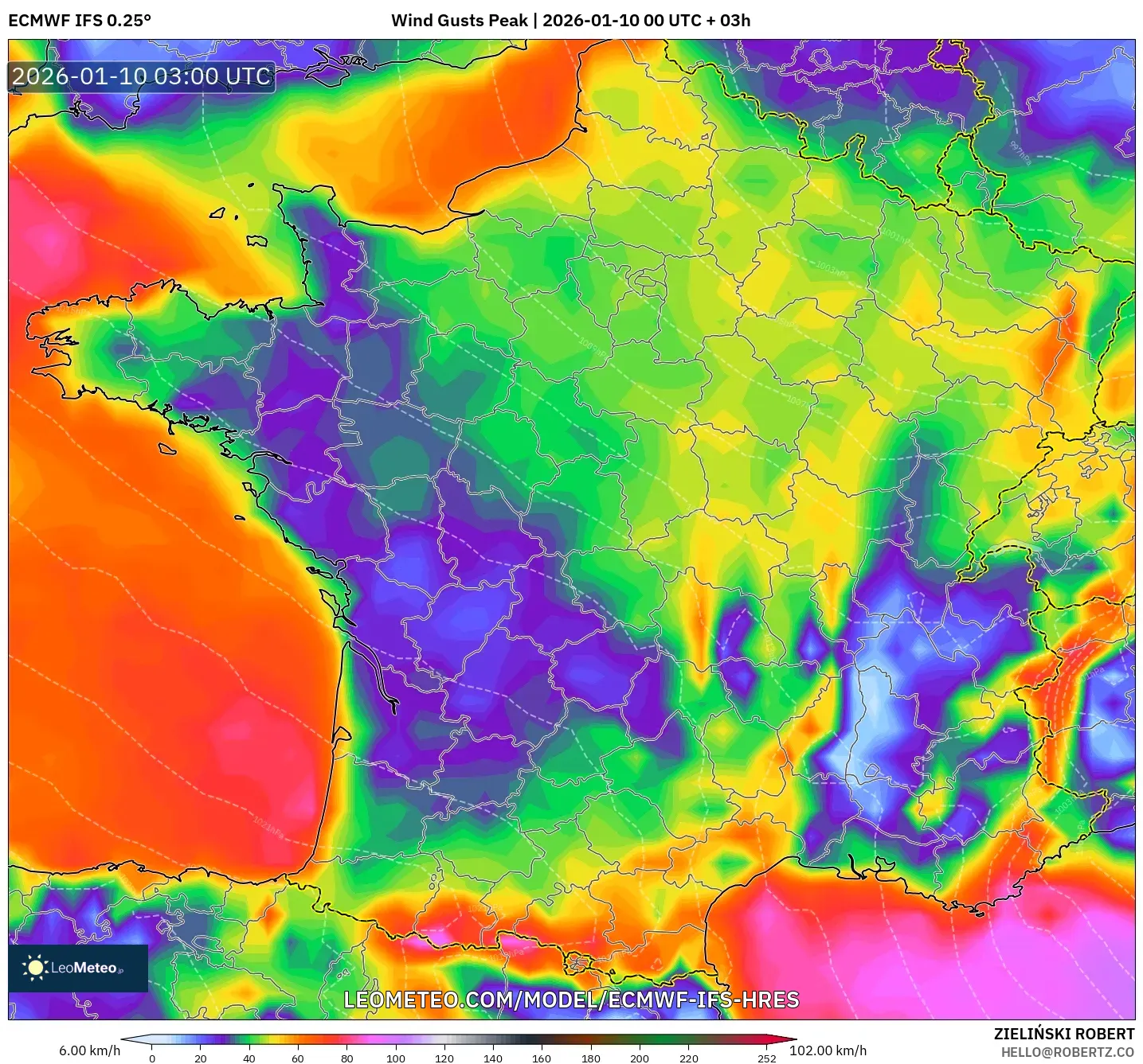 ECMWF IFS 0.25° model - France, Wind Gusts Peak