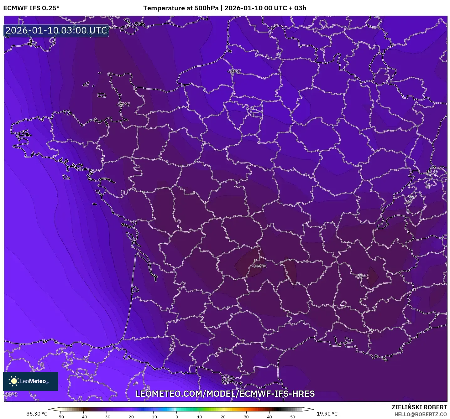 ECMWF IFS 0.25° model - France, Temperature at 500hPa