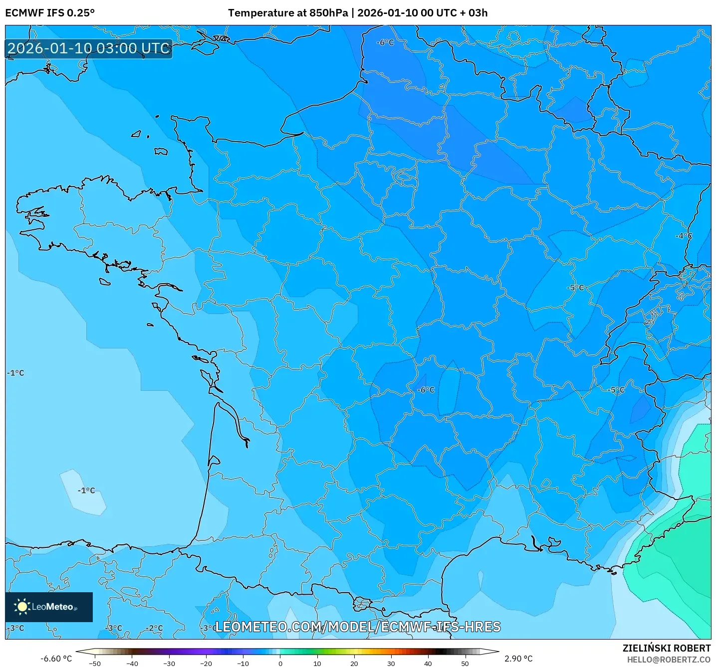 ECMWF IFS 0.25° model - France, Temperature at 850hPa