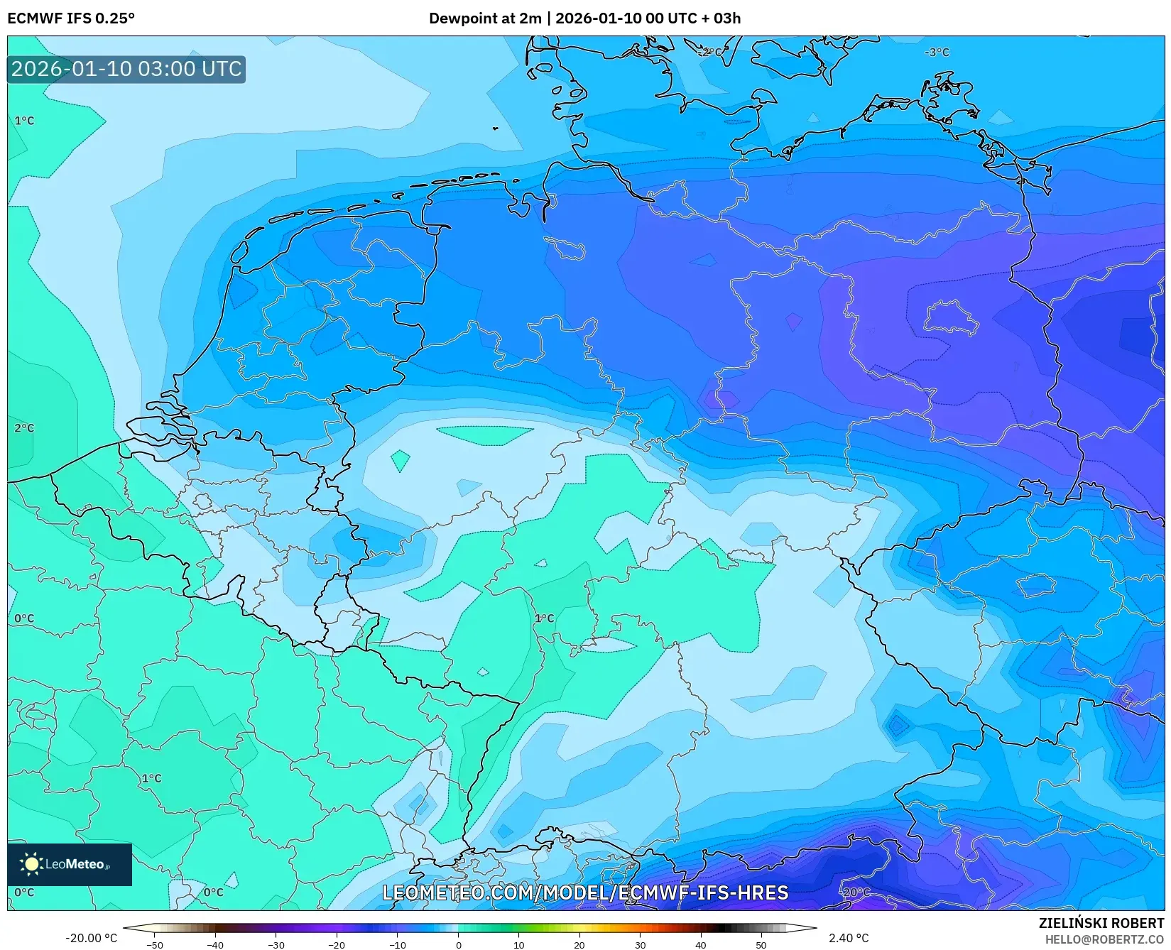 ECMWF IFS 0.25° model - Germany, Dewpoint at 2m