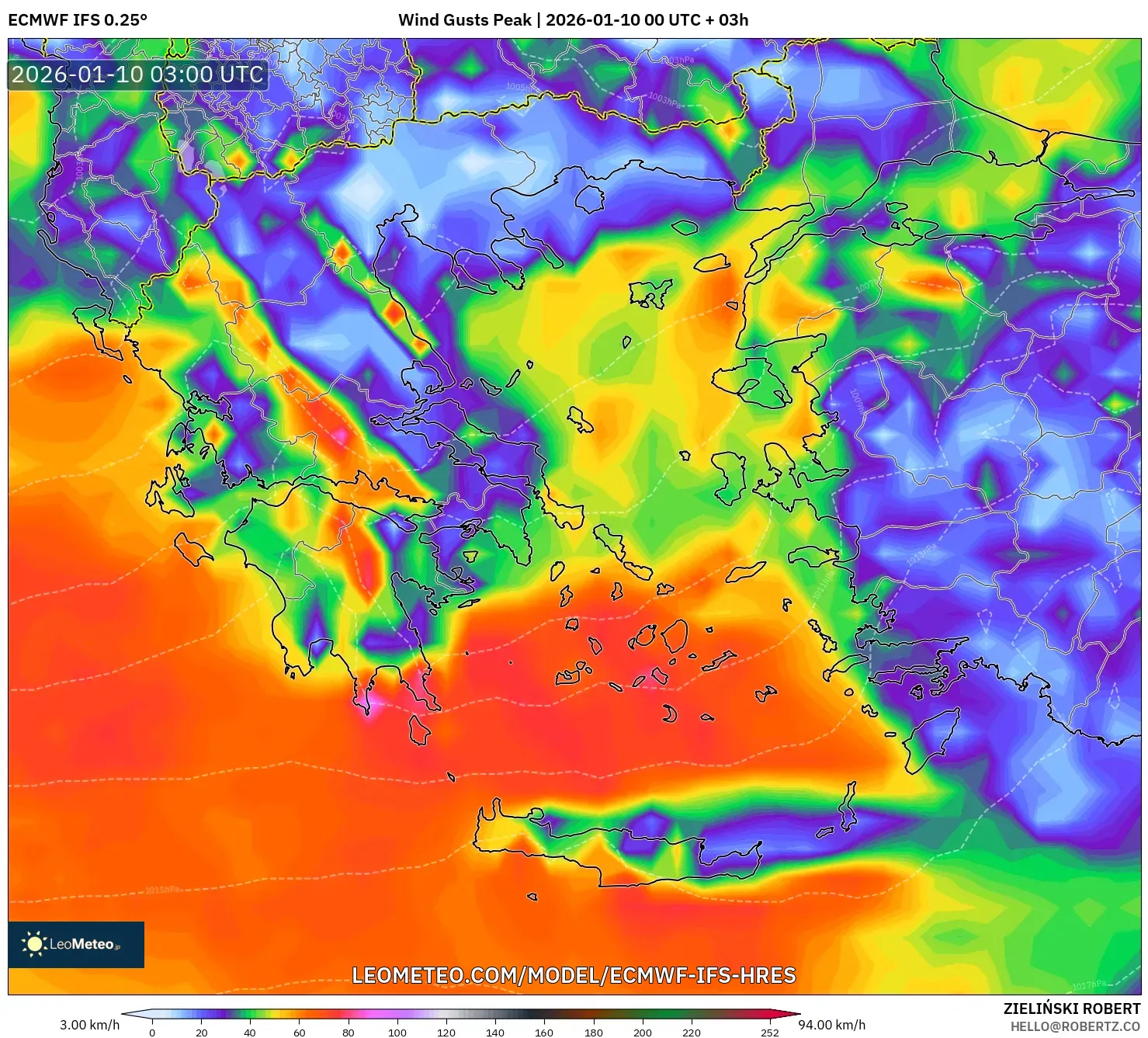 ECMWF IFS 0.25° model - Greece, Wind Gusts Peak