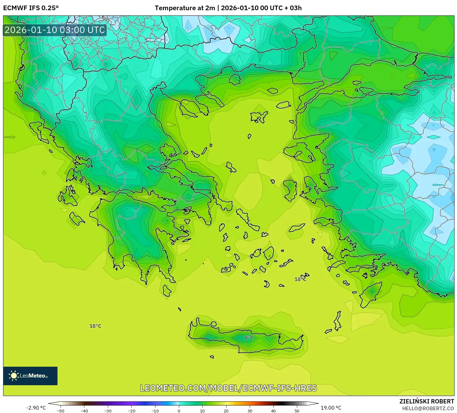 ECMWF IFS 0.25° model - Greece, Temperature at 2m