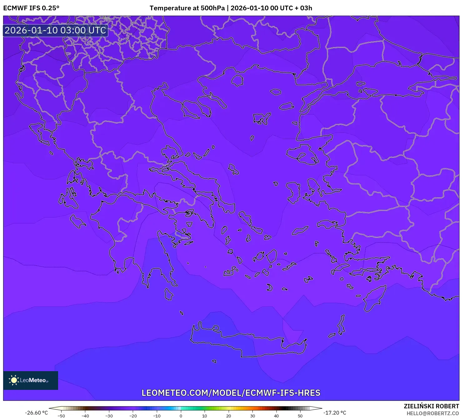 ECMWF IFS 0.25° model - Greece, Temperature at 500hPa