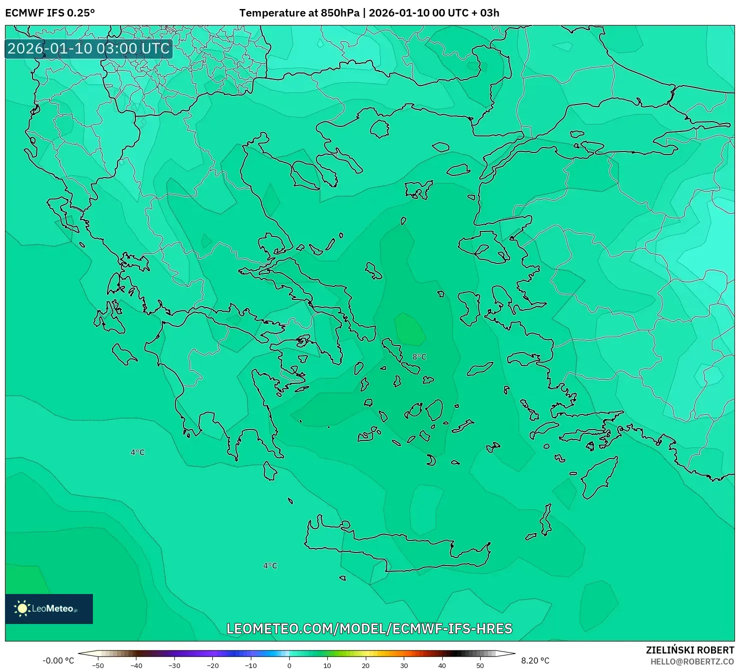 ECMWF IFS 0.25° model - Greece, Temperature at 850hPa