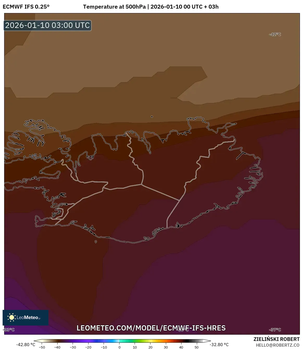 ECMWF IFS 0.25° model - Iceland, Temperature at 500hPa