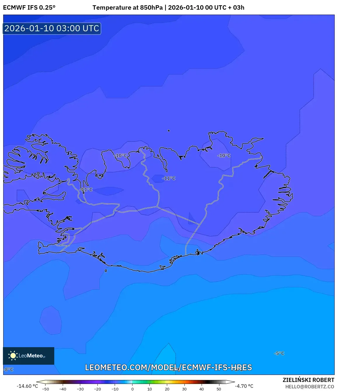 ECMWF IFS 0.25° model - Iceland, Temperature at 850hPa