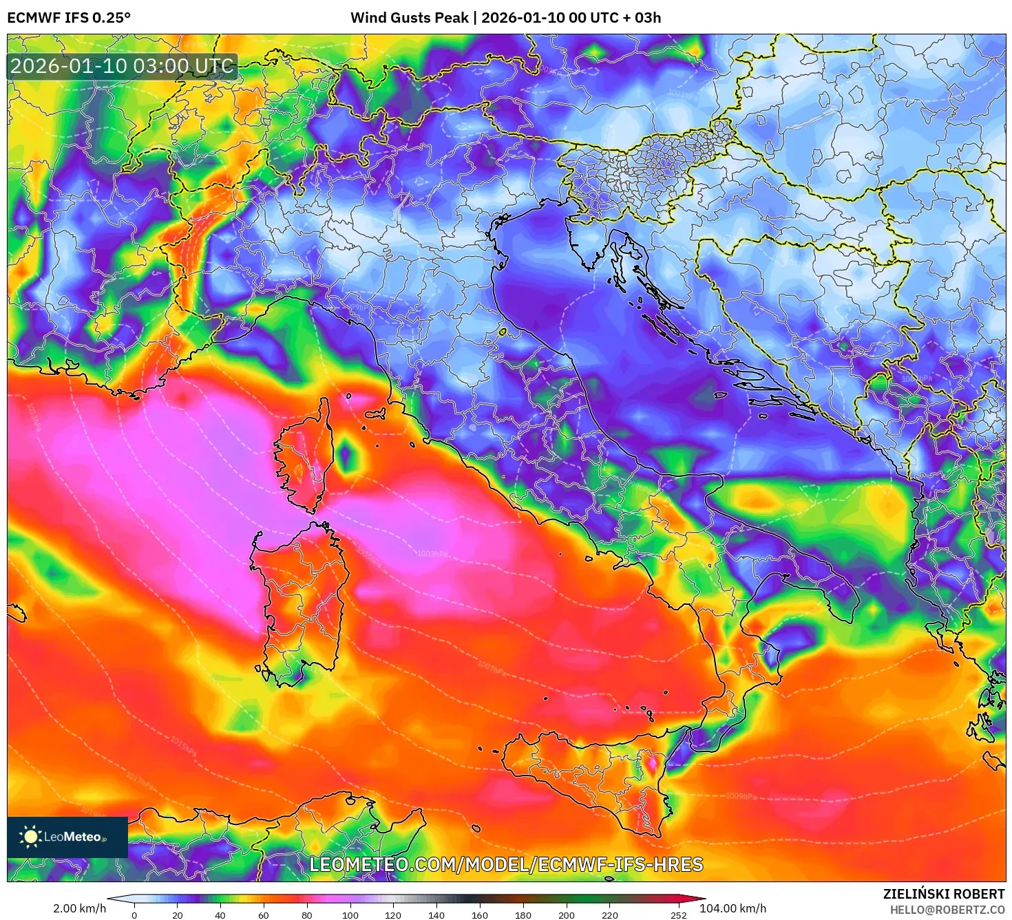 ECMWF IFS 0.25° model - Italy, Wind Gusts Peak