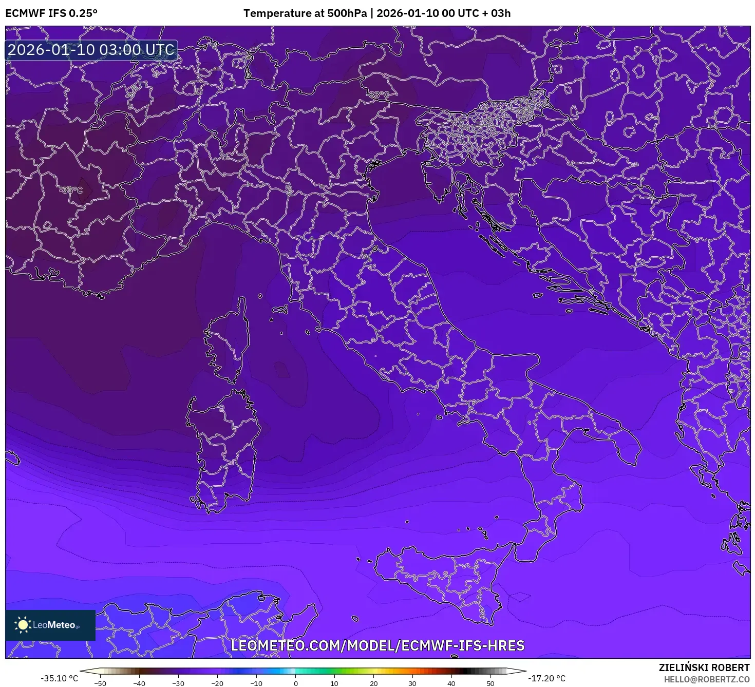 ECMWF IFS 0.25° model - Italy, Temperature at 500hPa