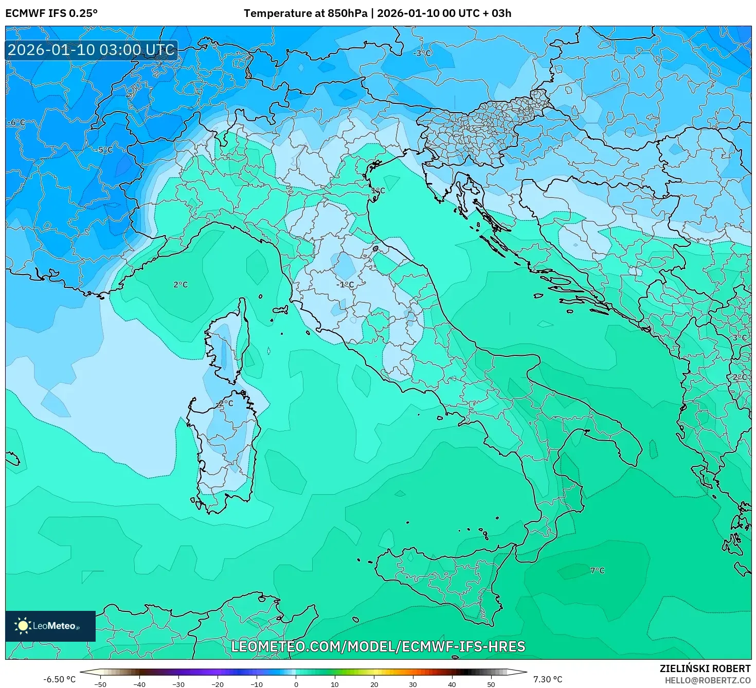 ECMWF IFS 0.25° model - Italy, Temperature at 850hPa