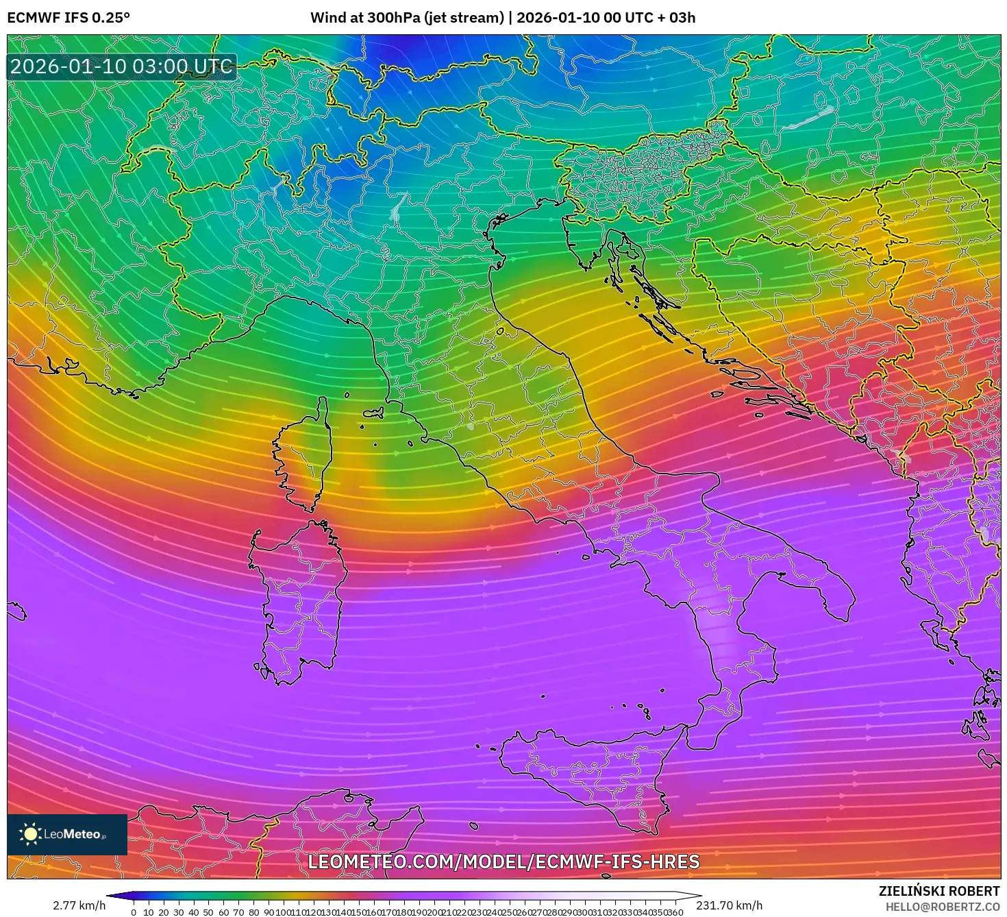 ECMWF IFS 0.25° model - Italy, Wind at 300hPa (jet stream)