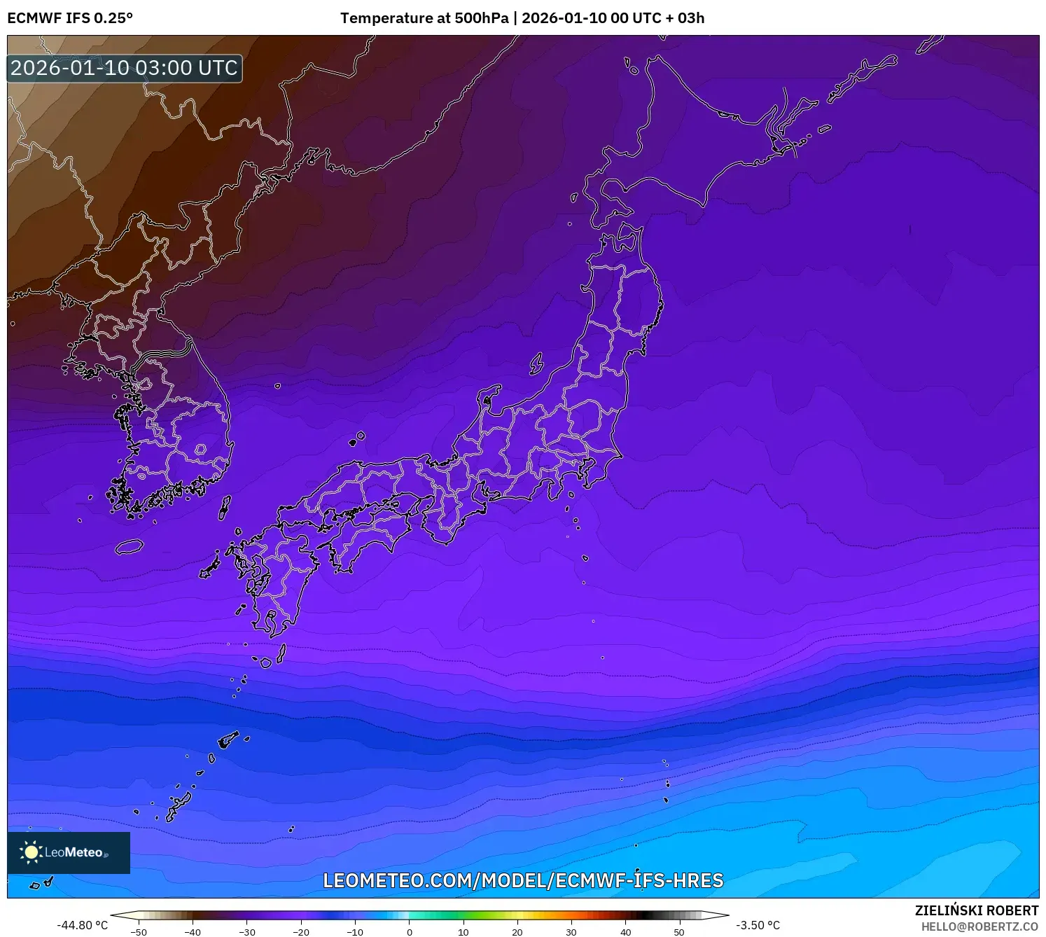 ECMWF IFS 0.25° model - Japan, Temperature at 500hPa