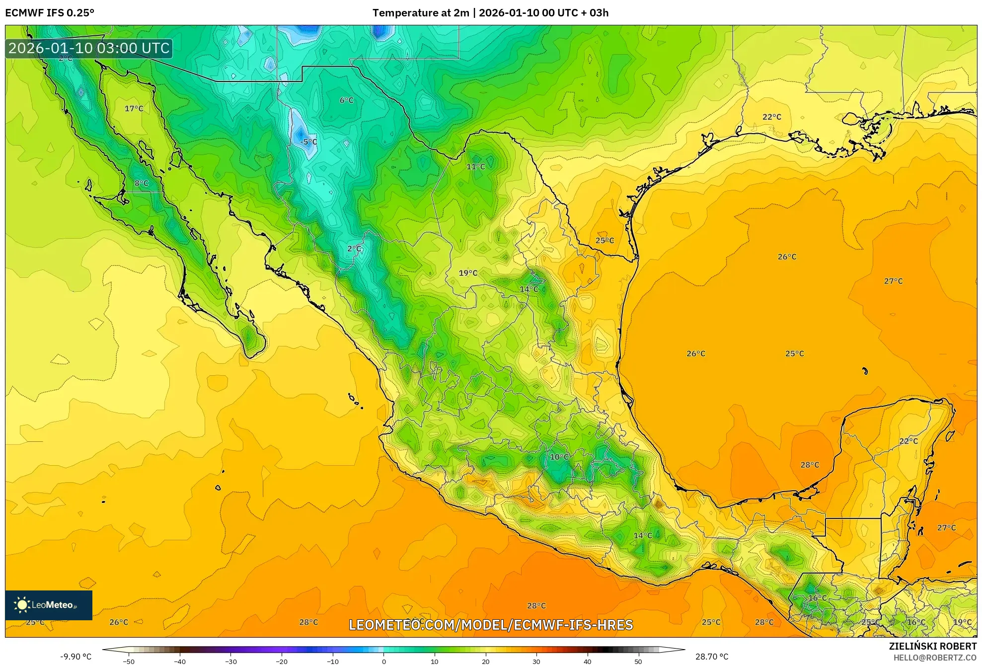 ECMWF IFS 0.25° model - Mexico, Temperature at 2m
