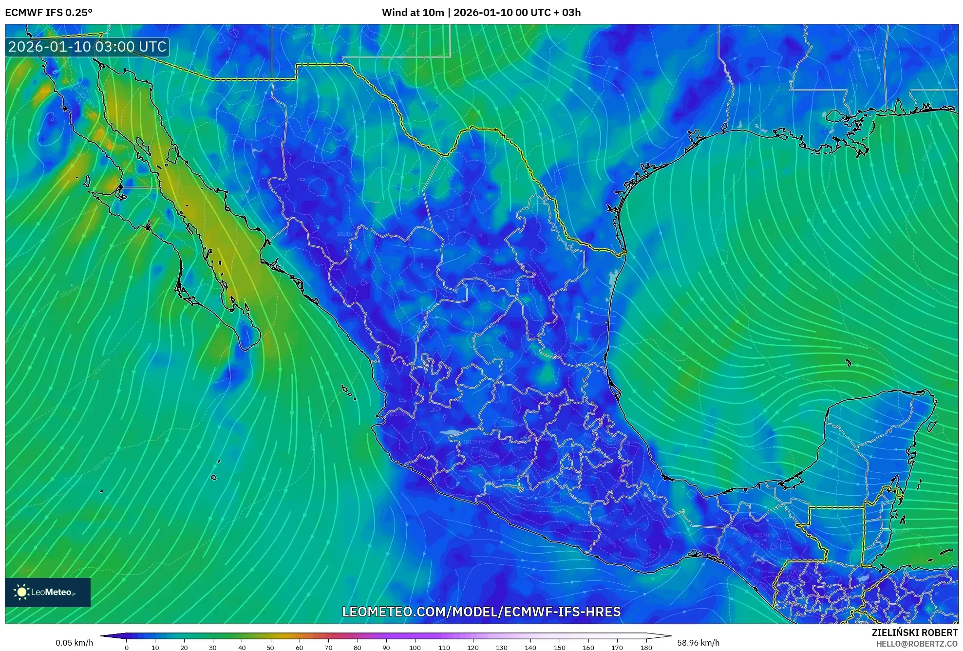 ECMWF IFS 0.25° model - Mexico, Wind at 10m