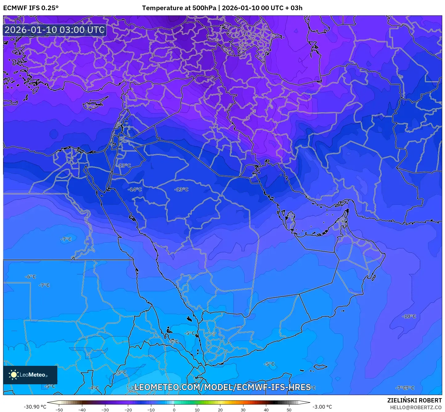 ECMWF IFS 0.25° model - Middle East, Temperature at 500hPa