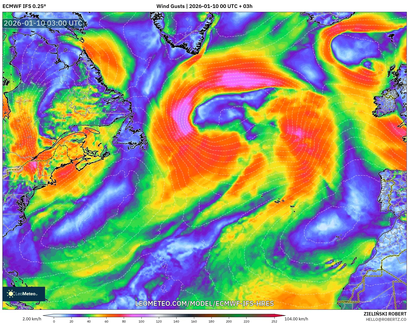 ECMWF IFS 0.25° model - North Atlantic, Wind Gusts