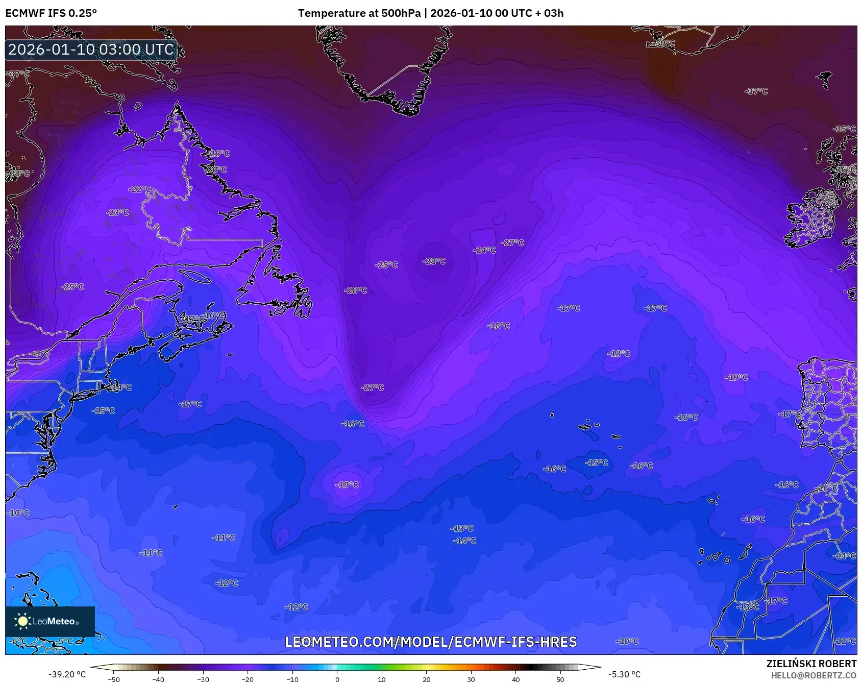 ECMWF IFS 0.25° model - North Atlantic, Temperature at 500hPa